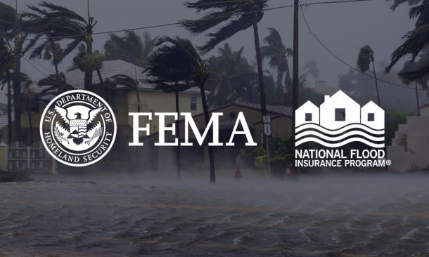 FEMA and NFIP Logos over photo of tropical storm