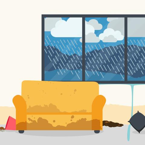 Graphic of the interior of a flooded home with a storm happening outside the window