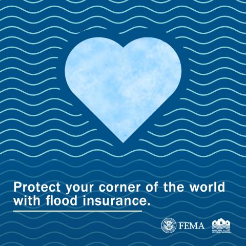 blue heart with blue wave background, protect your corner of the world with flood insurance