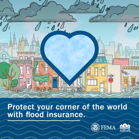 blue heart with storm clouds above and houses in the background