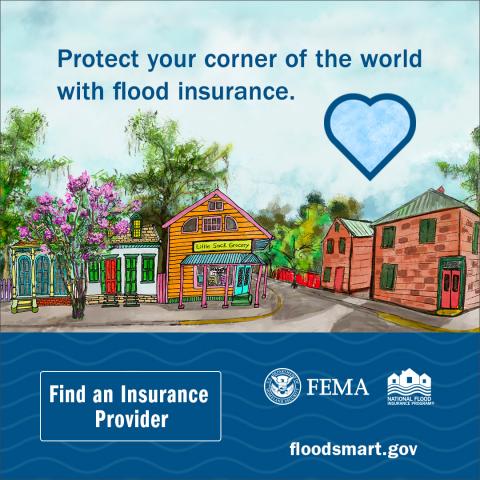 blue heart above Louisiana houses with protect your corner of the world with flood insurance text in the sky