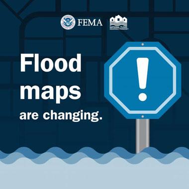 Stop sign with exclamation point standing in high flood water. Text: Flood maps are changing.