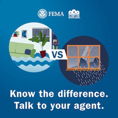Furniture and personal items sinking in flood waters vs a window broken by wind. Text: Know the difference. Talk to your agents.