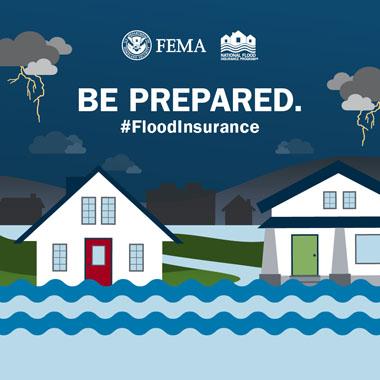 Two houses partially submerged in floodwaters, and a dark sky with clouds and lightning.