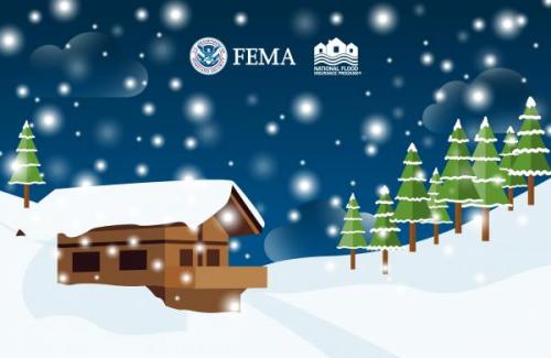 house in the snow with trees int the background