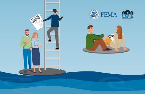 Two couples standing above flood waters. Insurance agent is hanging flood insurance papers to the first couple, the second is sitting and reviewing their own papers.