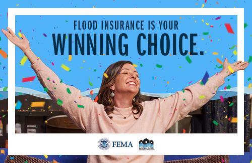 Smiling woman lifting her arms while confetti falls. Text: Flood insurance is your winning choice.