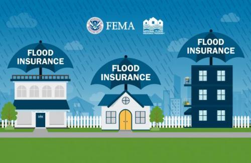 Row of houses with white picket fence, covered by umbrellas labelled "Flood Insurance" during a rainstorm