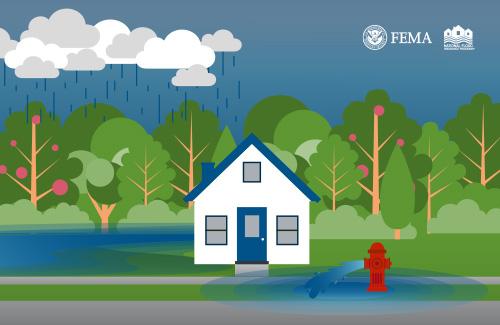Row of houses on tree-lined street, being flooded by a rainstorm and a burst fire hydrant