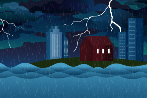 Illustrated suburban house on hill during storm, with flood waters rising around it