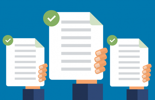 3 illustrated hands holding up documents with green checkmarks