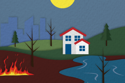 Illustrated rural house flooding after a fire, city silhouetted in background