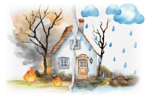 Sketch illustration of rain after wildfire near a house
