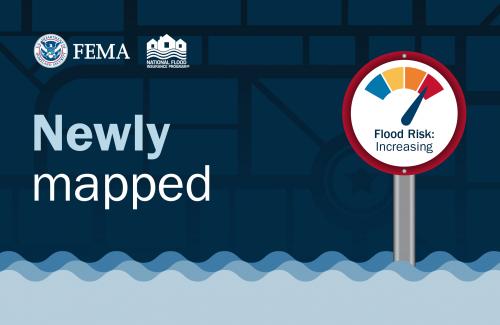 A graphic of floodwaters covering a map with a sign that reads "Flood Risk Increasing"