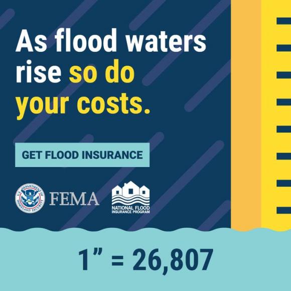 ruler floating in water next to FEMA and NFIP logos