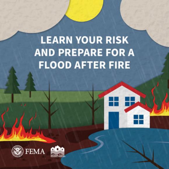 Country home flooding during a wildfire. Text: Learn your risk and prepare for a flood after fire