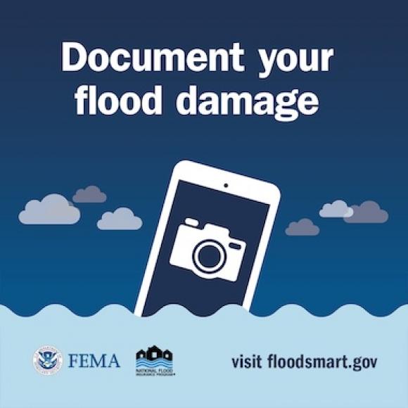 Mobile phone with camera icon, dropped into flood water. Text: Document your flood damage