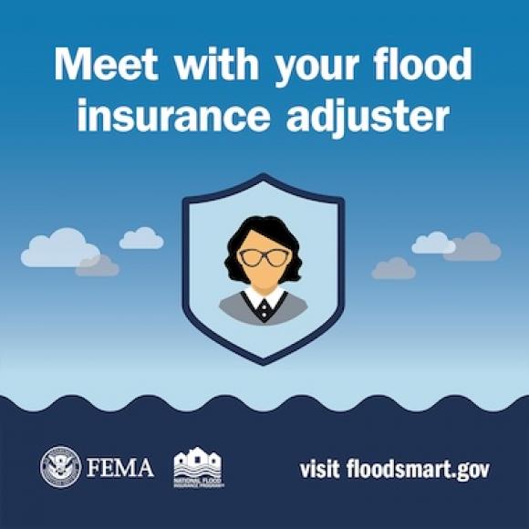 Shield icon with portrait of insurance adjuster, over flood water. Text: Meet with your flood insurance adjuster