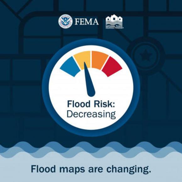 Meter above flood waters, showing decreasing risk level. Text: Flood maps are changing.
