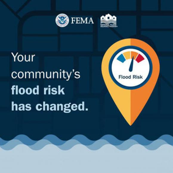 Yellow map marker over flood waters, with a meeter indicating a higher flood risk levels. Text: Your community's flood risk has changed.