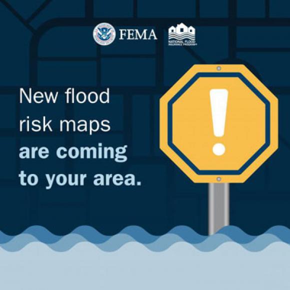 Yellow stop sign with exclamation point, sitting in flood waters. Text: New flood risk maps are coming to your area.