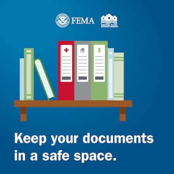 Wall mounted shelf with books. Text: Keep your documents in a safe space.