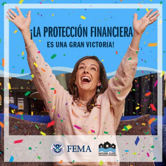 Mujer sonriente con los brazos levantados en celebración. Texto: La proteccion financiera es una gran victoria!