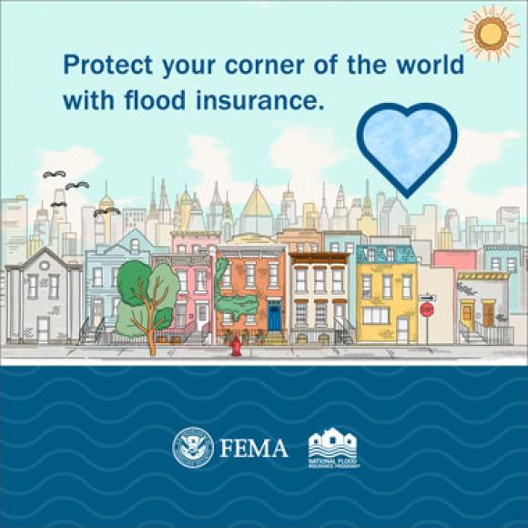 Pencil-drawn heart above city. Text: Protect your corner of the world with flood insurance.