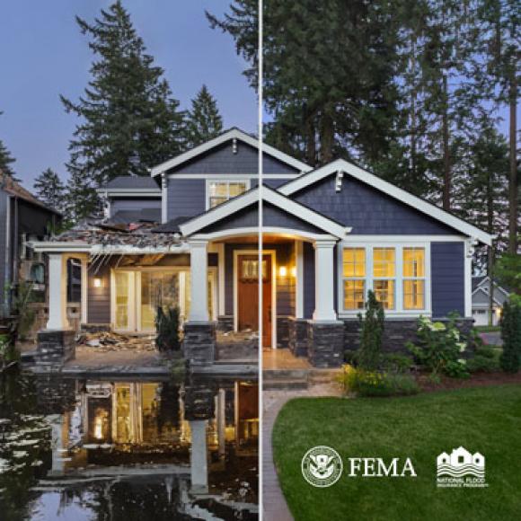 House divided in two sides, one showing the house flooded, and the other the house restored