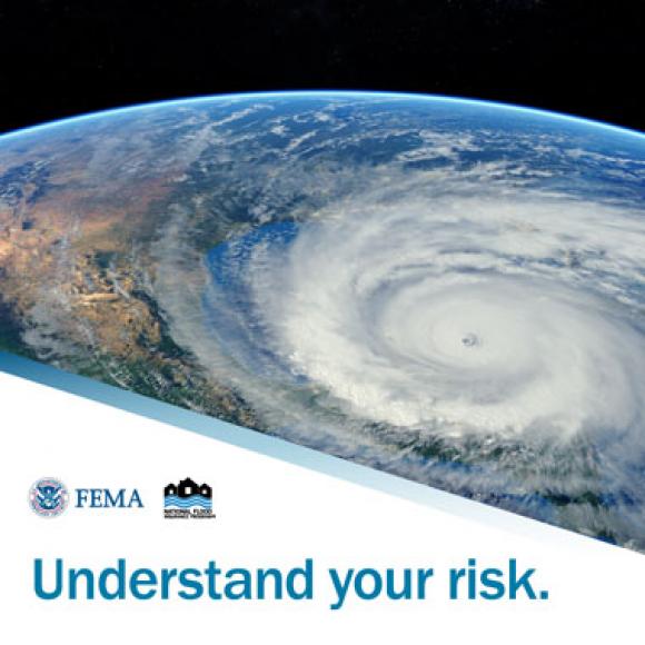 Hurricane seen from orbital satellite. Text: Understand your risk.