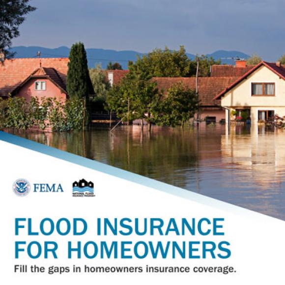 Flooded residential street. Text: Flood insurance for homeowners.