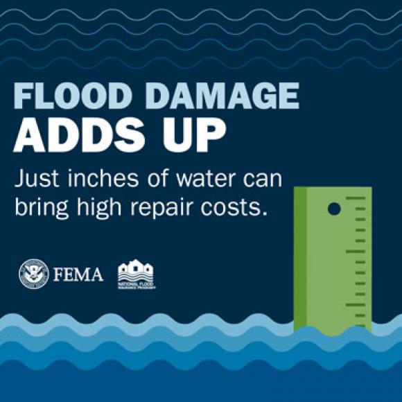 Ruler sticking out of flood water. Text: Flood damage adds up; just inches of water can bring high repair costs.