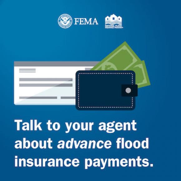 Online payment form and wallet full of cash. Text: Talk to your agent about advance flood insurance payments.