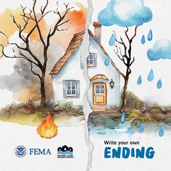 Watercolor house split in half; one half on fire, the other flooded by rainstorm