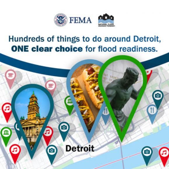 Street map of Detroit with map markers on major destinations. Text: Hundreds of things to do in Detroit, ONE clear choice for flood readiness.