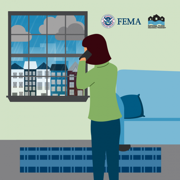 Illustration of woman looking out window with heavy rain