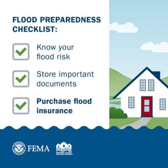 Flood preparedness checklist on the left, with three items. White house surrounded by green hills and floodwaters on left.