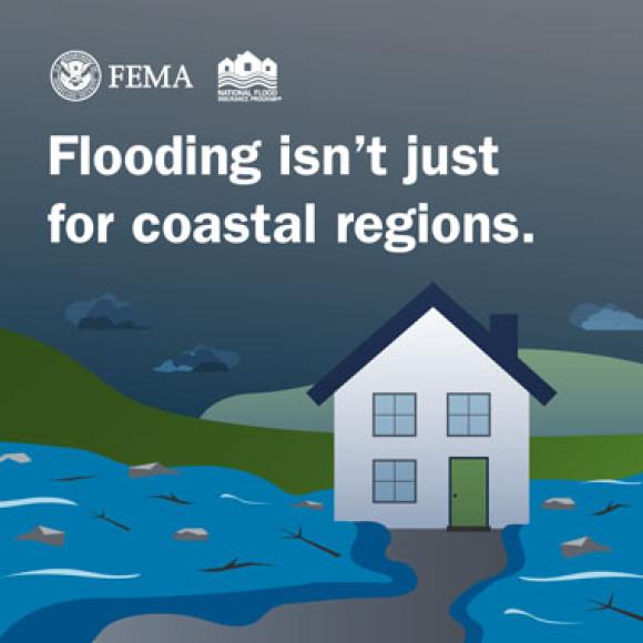 White House With Blue Roof Surrounded By Flooding Waters. Text: Flooding Isn't Just For Coastal Regions