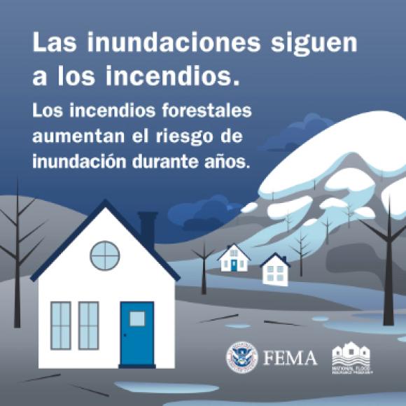 Una casa cerca de una montaña nevada con riesgo de inundación. Se pueden ver árboles quemados con nubes de lluvia. El texto dice: Las inundaciones siguen a los incendios. Los incendios forestales aumentan el riesgo de inundación durante años.