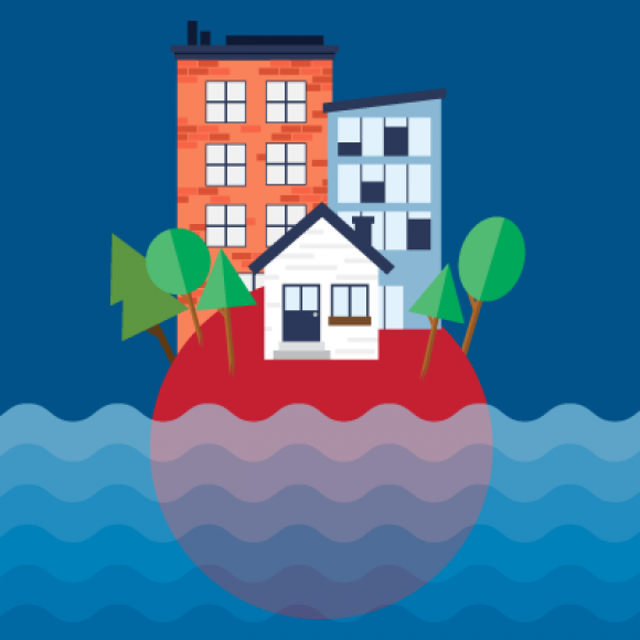 Illustrated buildings on circular island surrounded by high tide waves