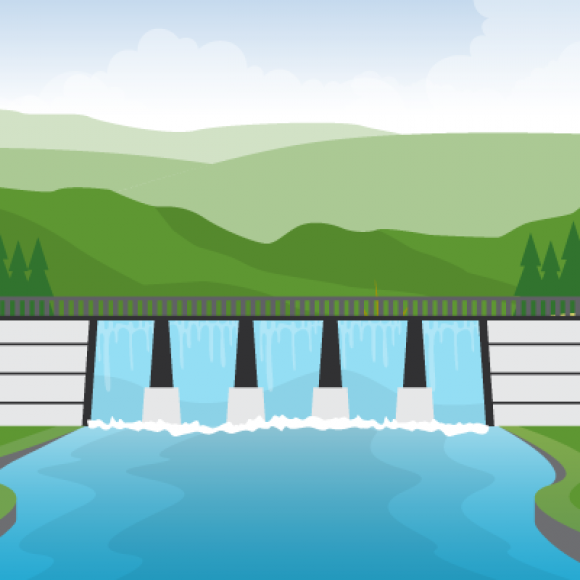 Illustrated dam in mountainous region