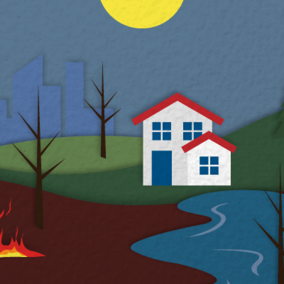 Illustrated rural house flooding after a fire, city silhouetted in background
