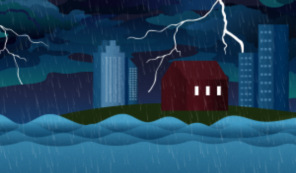 House in city suburbs near flooding river during thunderstorm