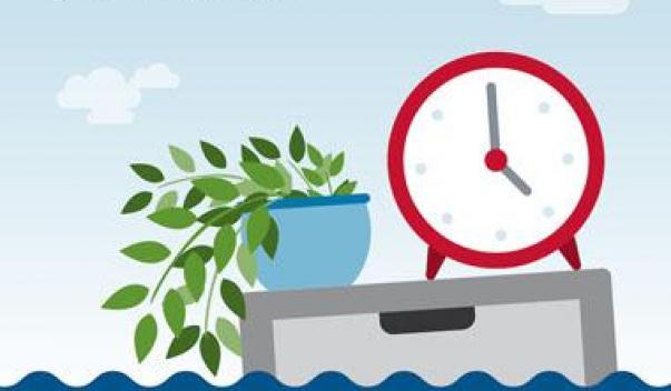 Reloj y planta sentados en un archivador hundiéndose en el agua de la inundación