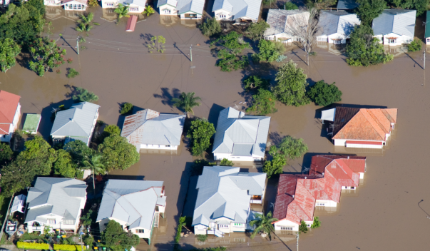 Aerial top-down view of flooded residential neighborhood