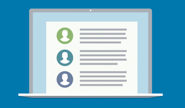 Illustrated open laptop showing contact list