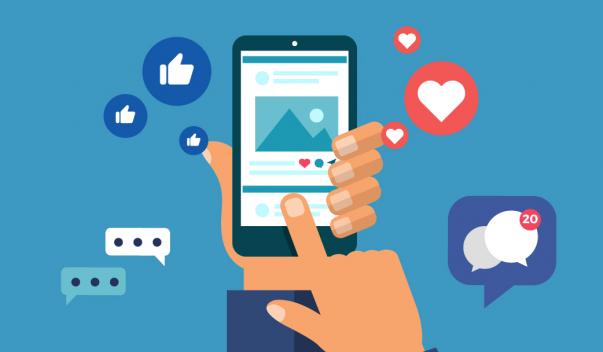 Cartoon person holding phone, chat and reaction icons floating around