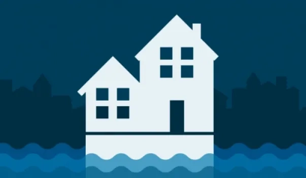 Illustrated rowhomes on flooded street, foundation raised above the flood water line