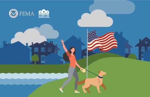 women waving, walking dog, and an american flag waving