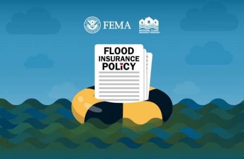 Live preserving raft carrying flood insurance policy documents in murky flood waters